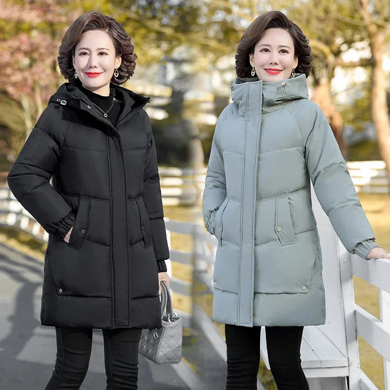 Monochrome Hooded Cotton Padded Parka for Middle-Aged and Grandmother, Long Coat with Fleece, Warm and Loose Fit, Winter Snow Coat