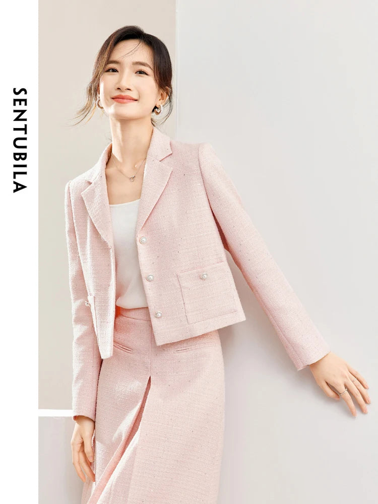 SENTUBILA Pink Elegant Cropped Tweed Jacket 2024 Spring Notched Single Breasted