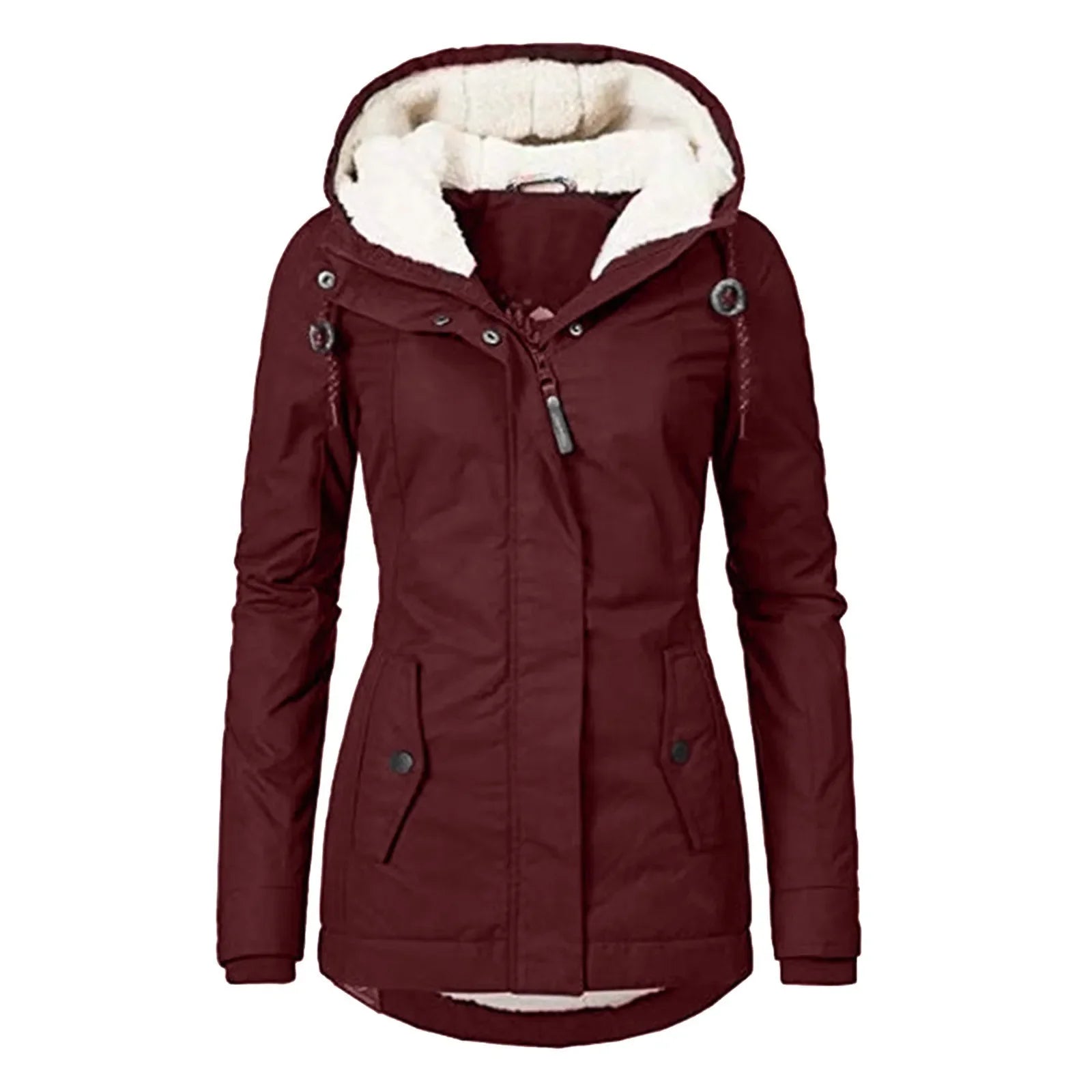 2021 New Style Women's Autumn/Winter Wool-Lined Long Sleeve Jacket - Solid Color Zip-Up Pocket Parka