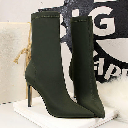 Women's Silk Sock Boots – 7.5cm/10cm Satin Pointed Toe Winter Ankle Booties in Green, Sexy Low Heels