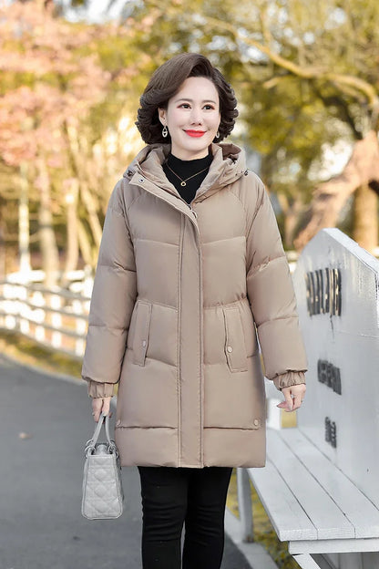 Monochrome Hooded Cotton Padded Parka for Middle-Aged and Grandmother, Long Coat with Fleece, Warm and Loose Fit, Winter Snow Coat