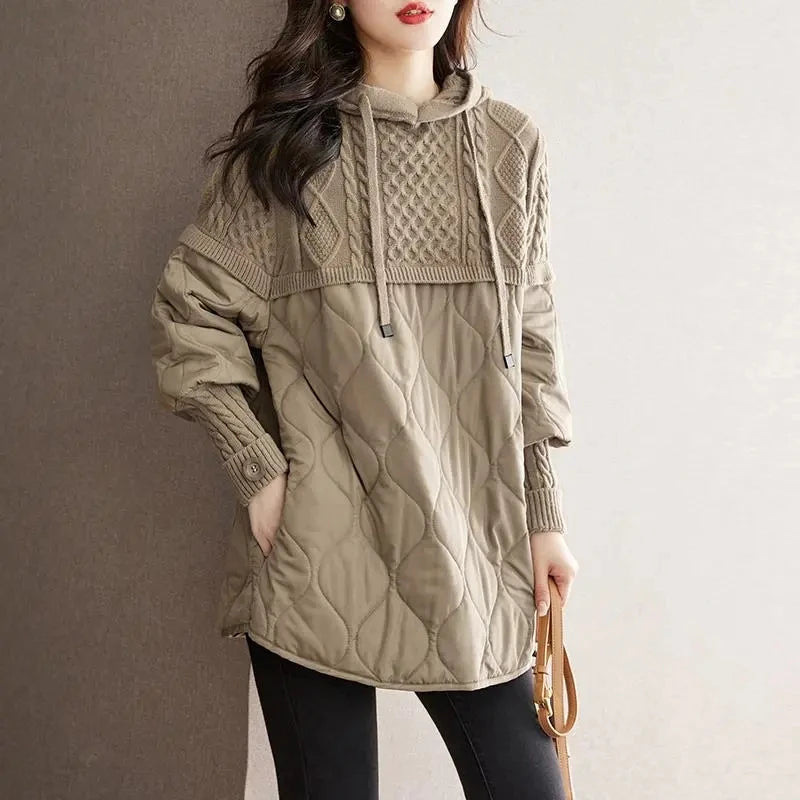 Women's Hooded Parka with Knit Accents - Slim Cotton Jacket, Stylish Winter Coat