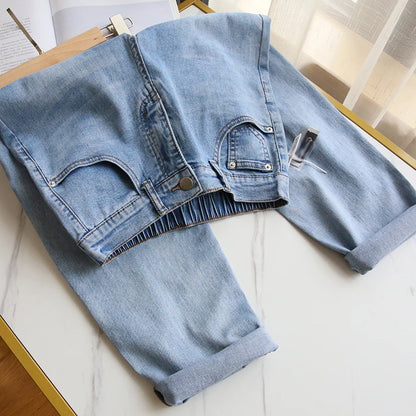 S-5XL Women Jeans Spring Autumn Elastic Waist Light Blue Loose Denim Pants 2023 New Harem Pants Female Casual Trousers