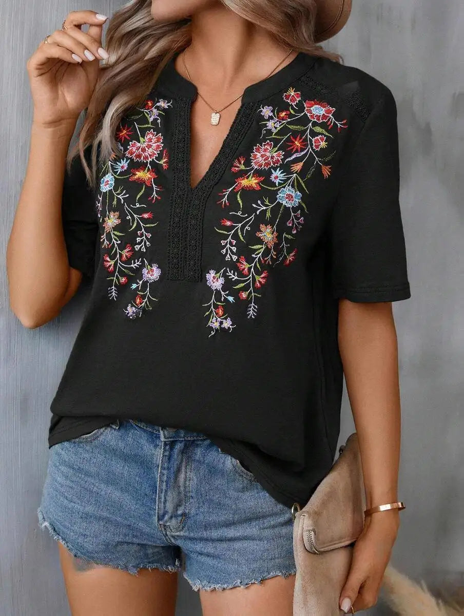 Vintage Summer V-Neck Lace Blouse – Casual Embroidered Loose Top for Vacation & Everyday Wear