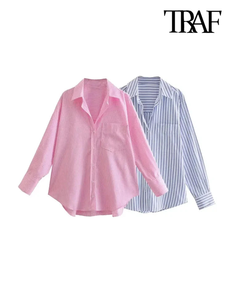 TRAF Women’s Loose-Fit Striped Button-Up Shirt – Chic Long-Sleeve Blouse with Pocket