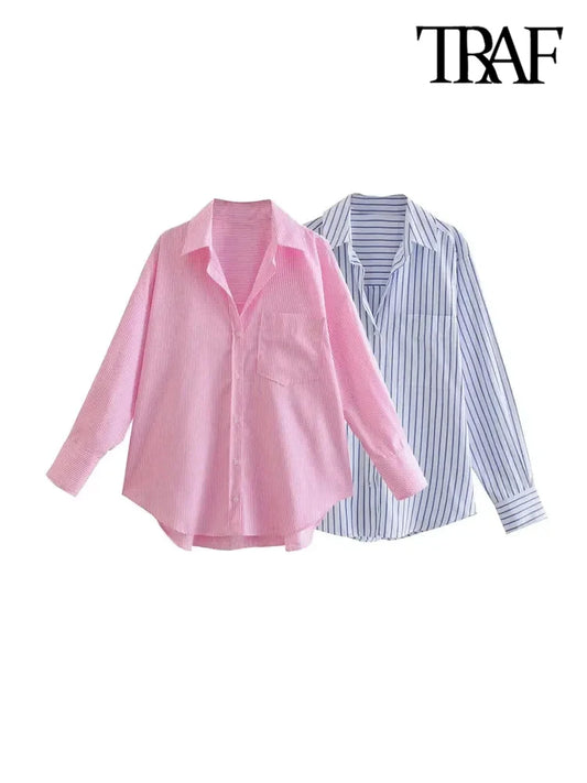 TRAF Women’s Loose-Fit Striped Button-Up Shirt – Chic Long-Sleeve Blouse with Pocket