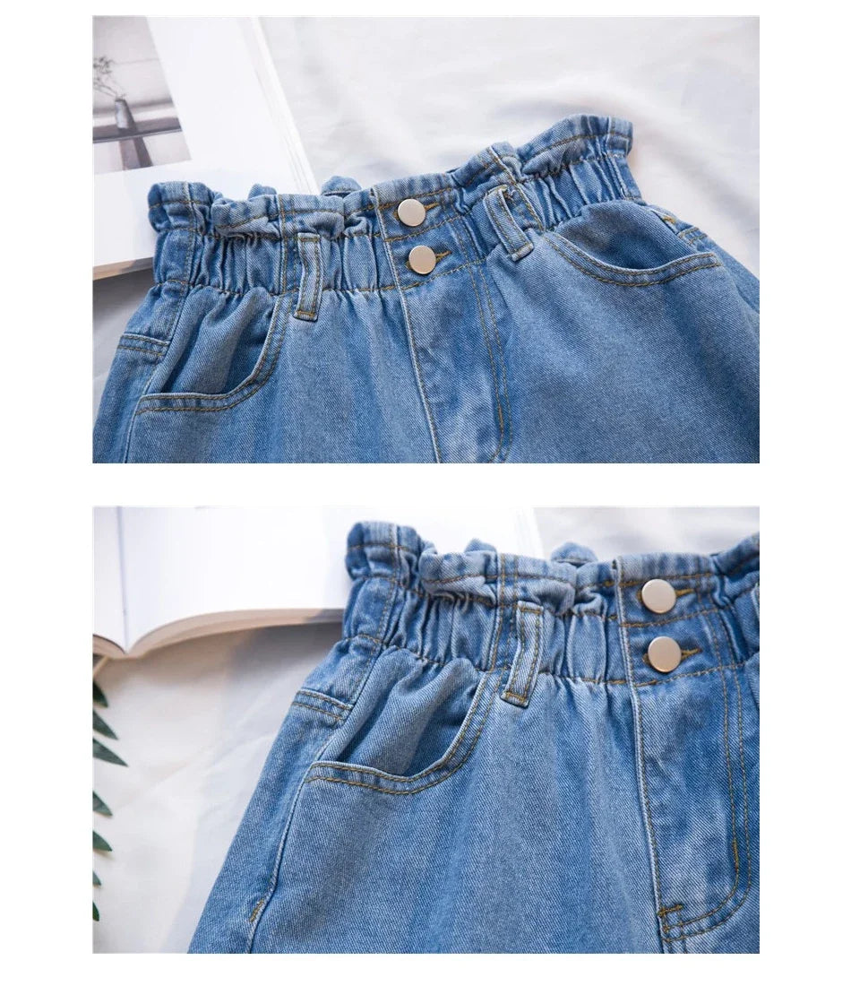 Y2k Summer Black Women Denim Shorts Women S-5XL Harem Ruffled White Blue High Waisted Shorts Female Elastic Short Jeans