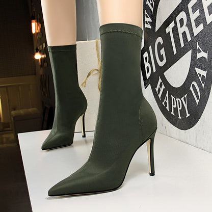 Women's Silk Sock Boots – 7.5cm/10cm Satin Pointed Toe Winter Ankle Booties in Green, Sexy Low Heels