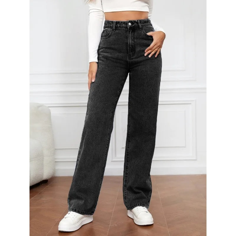 Women’s High-Waisted Straight-Leg Stretch Jeans - Washed Button-Zip Denim, Trendy Spring/Summer 2022 Fashion