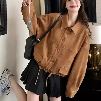 Retro Suede Short Jacket for Women in Spring and Autumn 2024 New Loose Fitting C