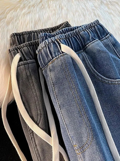 Calça jeans de perna larga forrado de veludo feminino, jeans de cintura alta, g