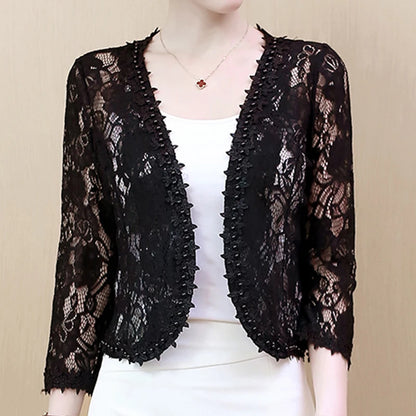 2022 Autumn Lace Beaded Hollow Sunscreen Cardigan Elegant Short S-4XL Large Size