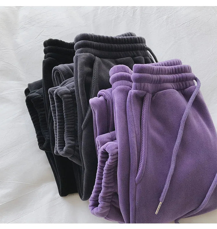 Calça de lã grossa e larga feminina, calça esportiva casual, corredores quent