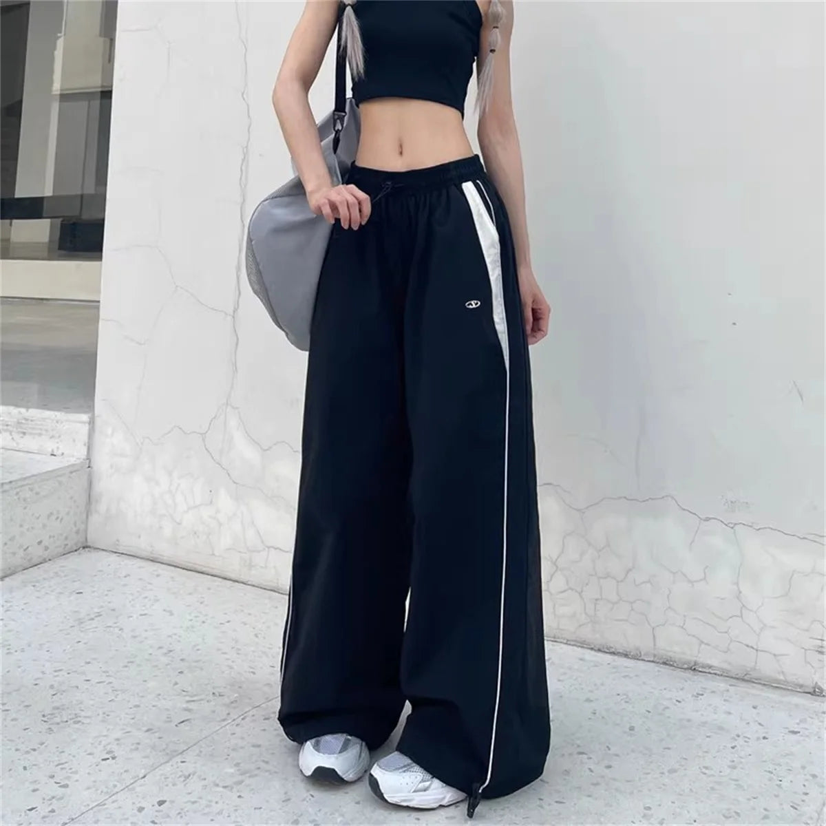 Calça casual de perna larga feminina de carga, Streetwear sólido com cordão,