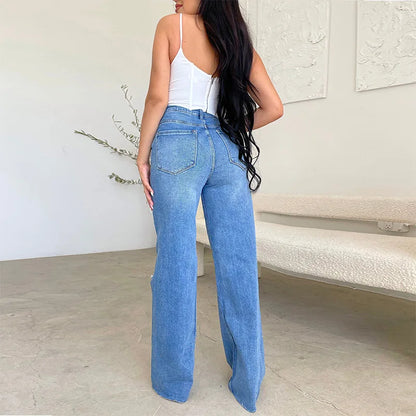 Calça jeans feminina de cintura alta, cintura larga, bolsos para lavar buracos,