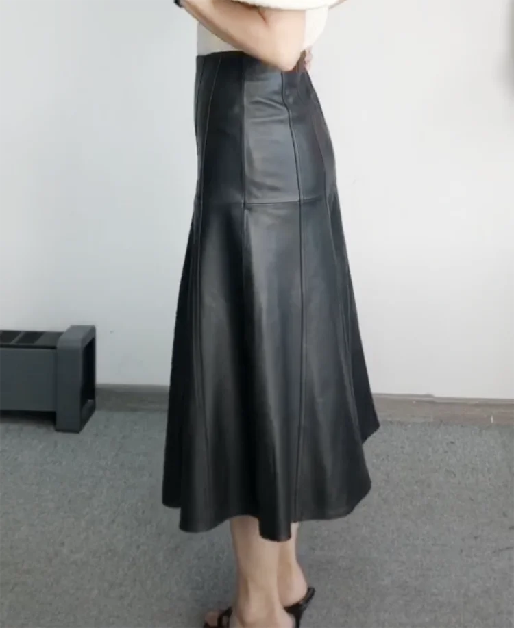 Leather Long Skirt Women New Fashion Attractive Seam Design Pleated Maxi Skirt L