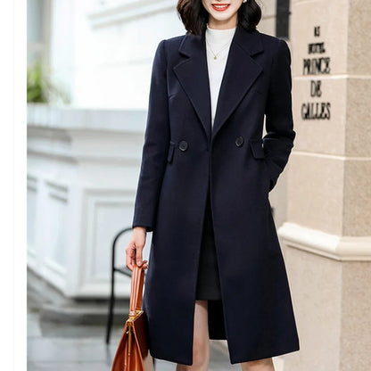 Winter Wool Blends Women's Coat Trench Pockets Solid Streetwear Lapel Coats Line