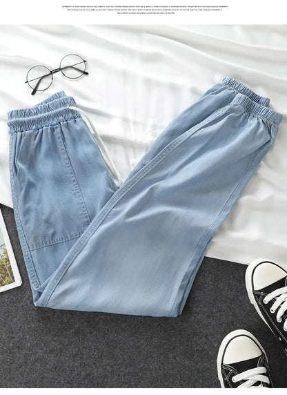 Calça Harlan de cintura alta de seda gelo feminina, jeans casual solto, elásti