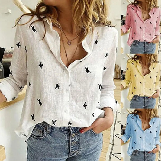 Vintage Streetwear Women's Oversized Bird Print Tunic – Casual Long Sleeve Cotton & Linen Blouse