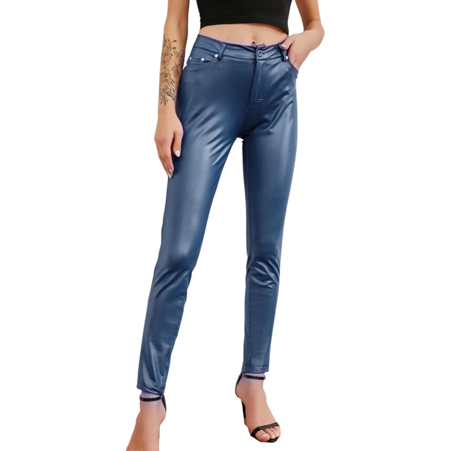 New Women's PU Leather Stretch Bodycon Pants - High-Waist Sexy Black Leggings, Long Casual Pencil Trousers, Plus Sizes XS-4XL