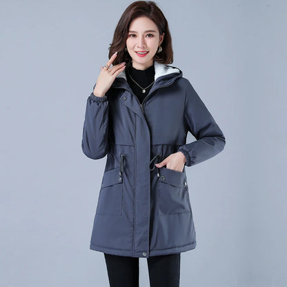 Women's Casual Cotton Parka with Fleece Lining, Hooded Trench Coat, Warm Puffer Jacket, Winter Outerwear