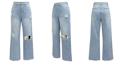 Calça jeans feminina de cintura alta, cintura larga, bolsos para lavar buracos,