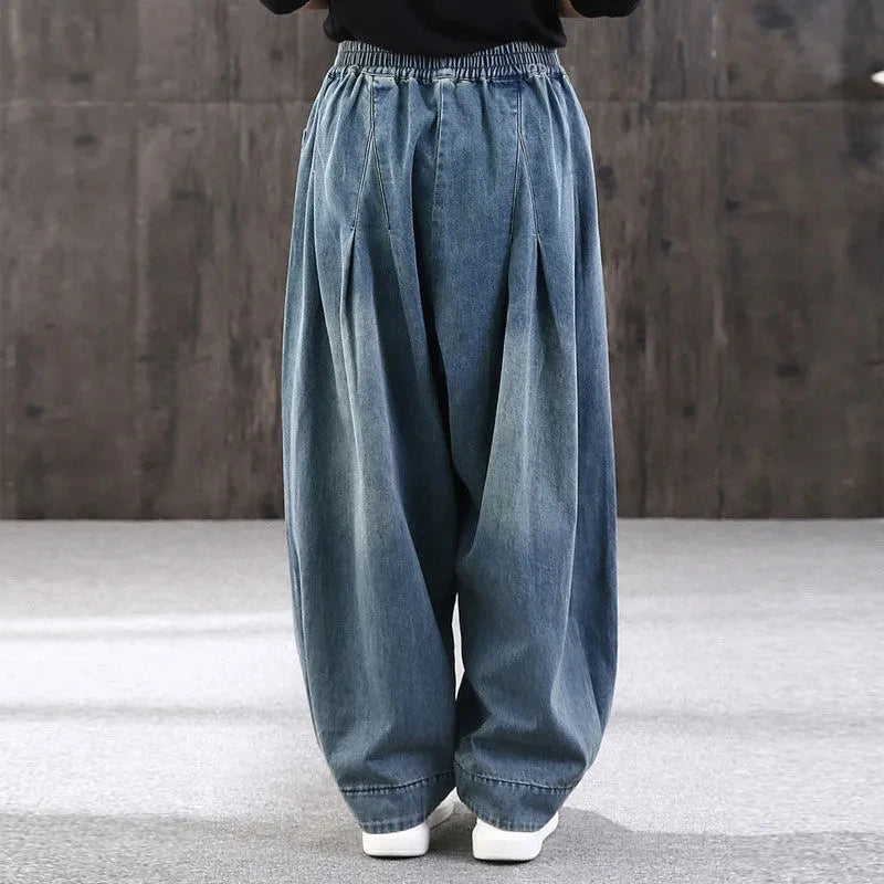 2023 New Loose Large Size Denim Wide Leg Haren Pants Female Art With Chinese Style Casual Sagging Jeans Bloomers Woman Clothing