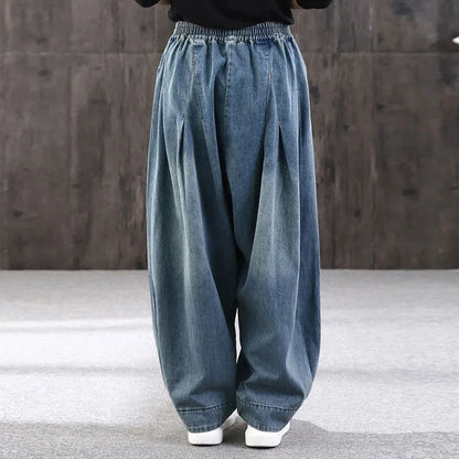 2023 New Loose Large Size Denim Wide Leg Haren Pants Female Art With Chinese Style Casual Sagging Jeans Bloomers Woman Clothing