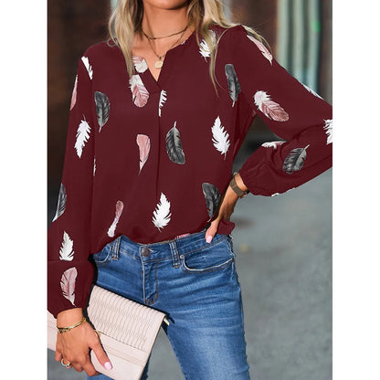 Women’s Feather-Pattern Chiffon Blouse – Elegant Long-Sleeve Fashion Top