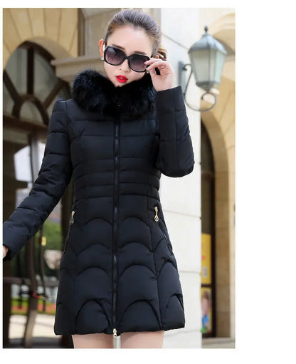 Women's Winter Jacket Parka, Large Faux Fur Collar with Hood, Thick Warm Coat, Casual Women's Outerwear, European Fashion, Black, Tops -30°C