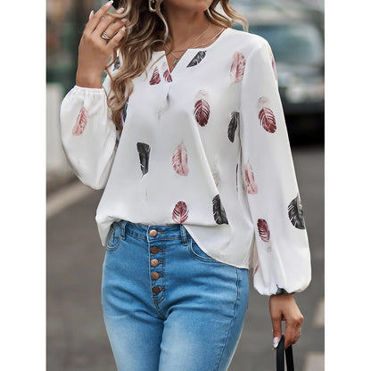 Women’s Feather-Pattern Chiffon Blouse – Elegant Long-Sleeve Fashion Top