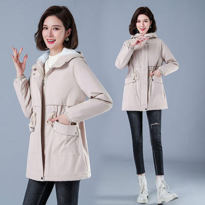 Women's Casual Cotton Parka with Fleece Lining, Hooded Trench Coat, Warm Puffer Jacket, Winter Outerwear