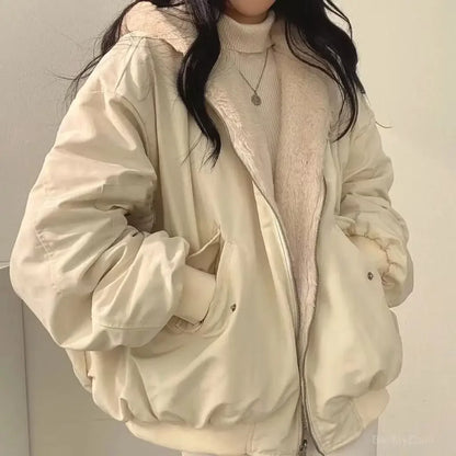 Women's Casual Hooded Jacket, Thick Parka, Comfortable Double Layer, Korean Style, Simple Solid Warm and Cute Jacket for Fall & Winter 2024