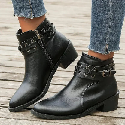 2024 Women's PU Leather Ankle Boots – New Autumn/Winter Short Booties with Side Zipper, Thick Heels & Rivet Detail (Plus Sizes Available)