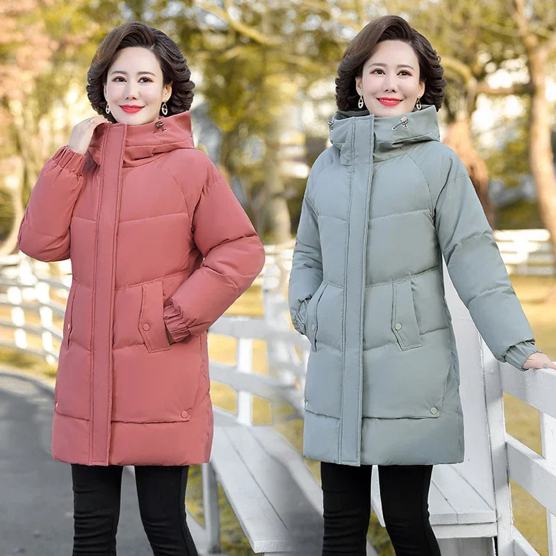 Monochrome Hooded Cotton Padded Parka for Middle-Aged and Grandmother, Long Coat with Fleece, Warm and Loose Fit, Winter Snow Coat