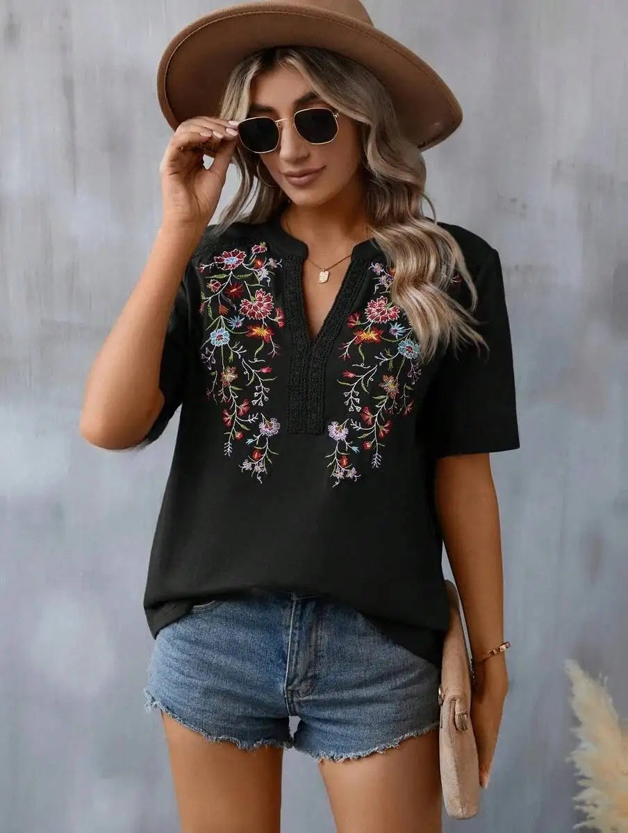 Vintage Summer V-Neck Lace Blouse – Casual Embroidered Loose Top for Vacation & Everyday Wear