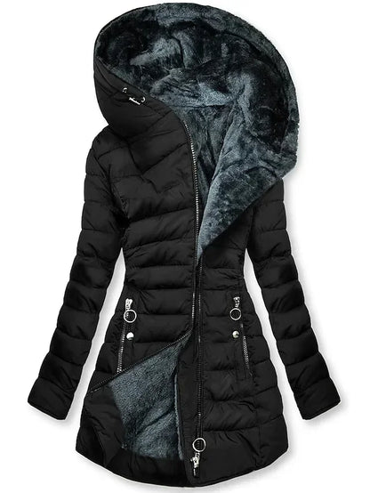 Women's Quilted Cotton Jacket with Zipper - Warm Faux Fur Collar Parka, Hooded Coat, Long Sleeve Trendy Winter Wear