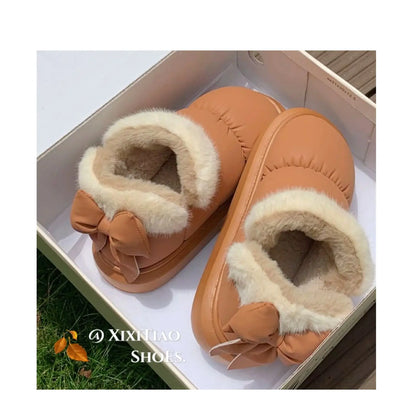 Women's Winter Bow-Knot Ankle Boots – Plush, Insulated, Waterproof PU Cotton Home Slippers