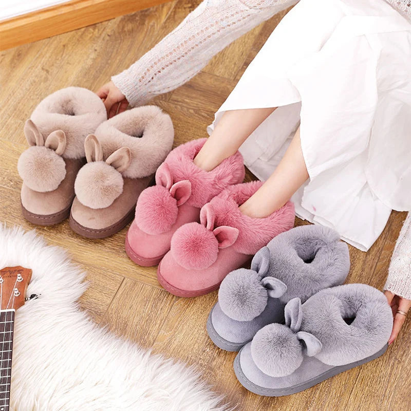 Women's Indoor Winter Fur Boots – Cozy Rabbit Slippers with Furry Ears & Fluffy Ankle Design