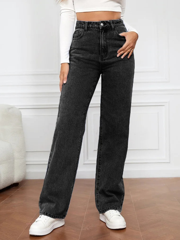 Women’s High-Waisted Straight-Leg Stretch Jeans - Washed Button-Zip Denim, Trendy Spring/Summer 2022 Fashion