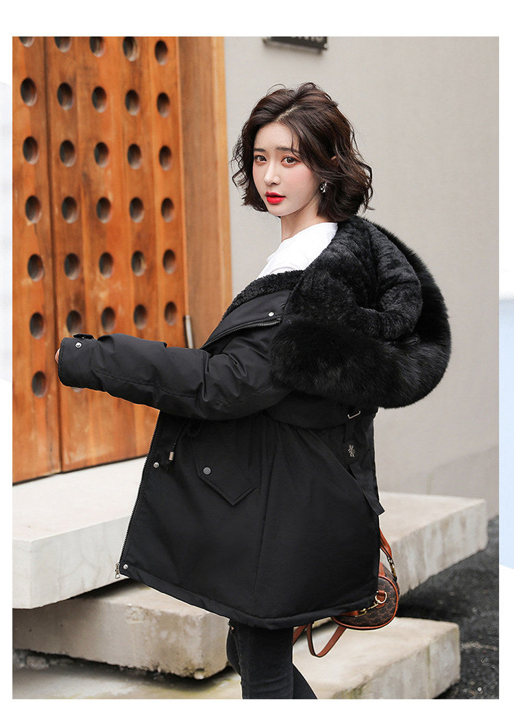 Women's Fine Wool Parka with Hood and Fur Collar, Warm Snowy Quilted Long Coat, Fashion Winter Outerwear 2023